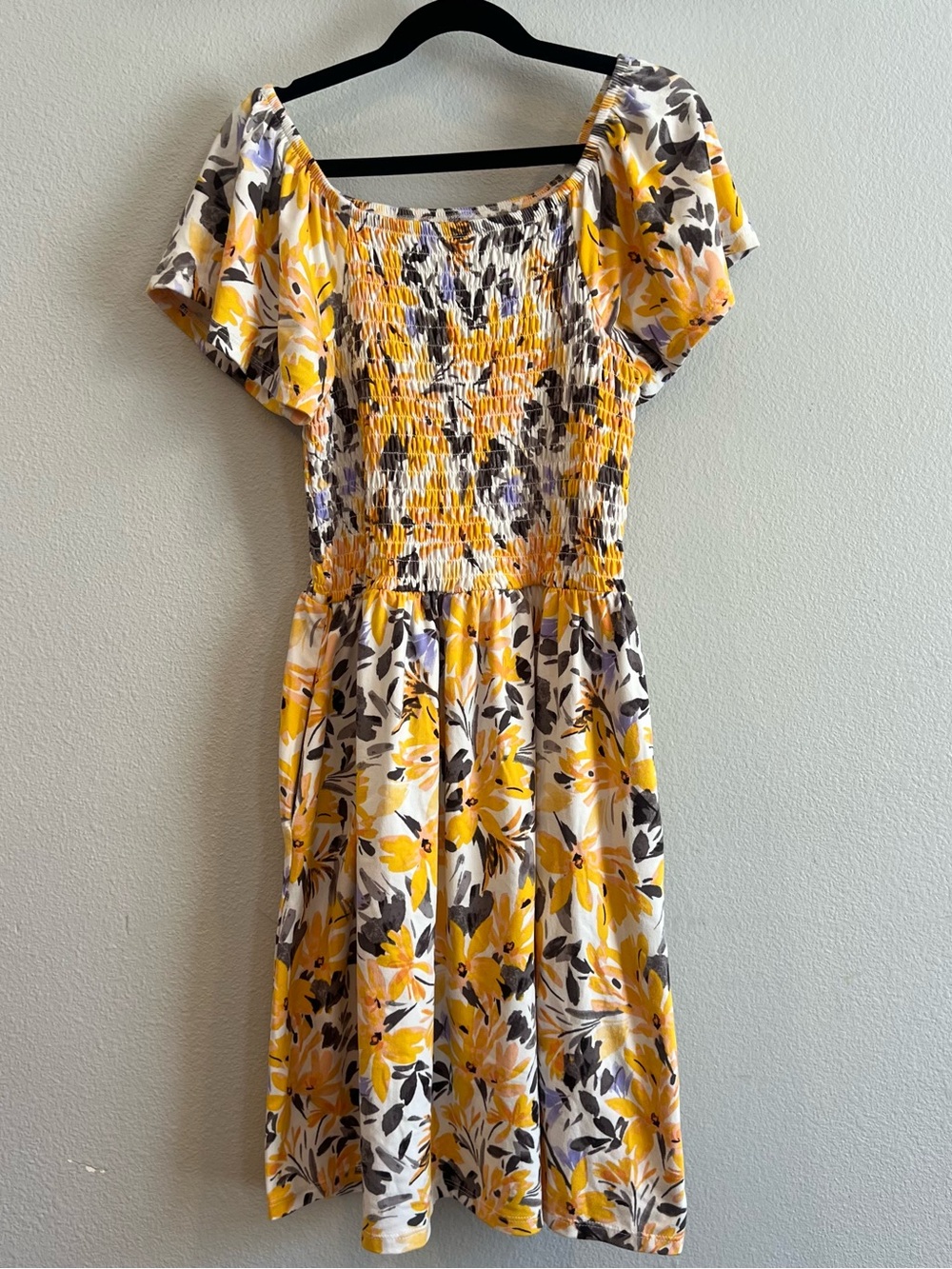Kids size 16 Smocked Square Neck Floral Midi Dress orange/yellow/black/purple